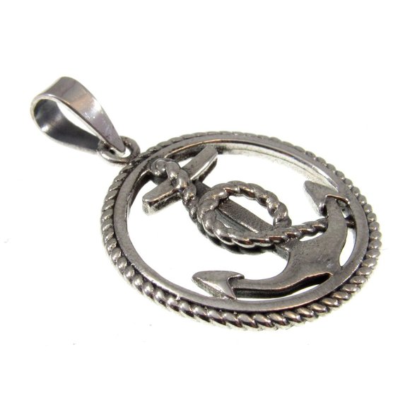 Solid 925 Sterling Silver Round Anchor and Rope Pendant - Sailorcore Jewelry - Picture 6 of 8